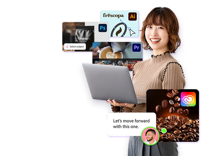Creative professional holding a laptop surrounded by Adobe Creative Cloud app panels