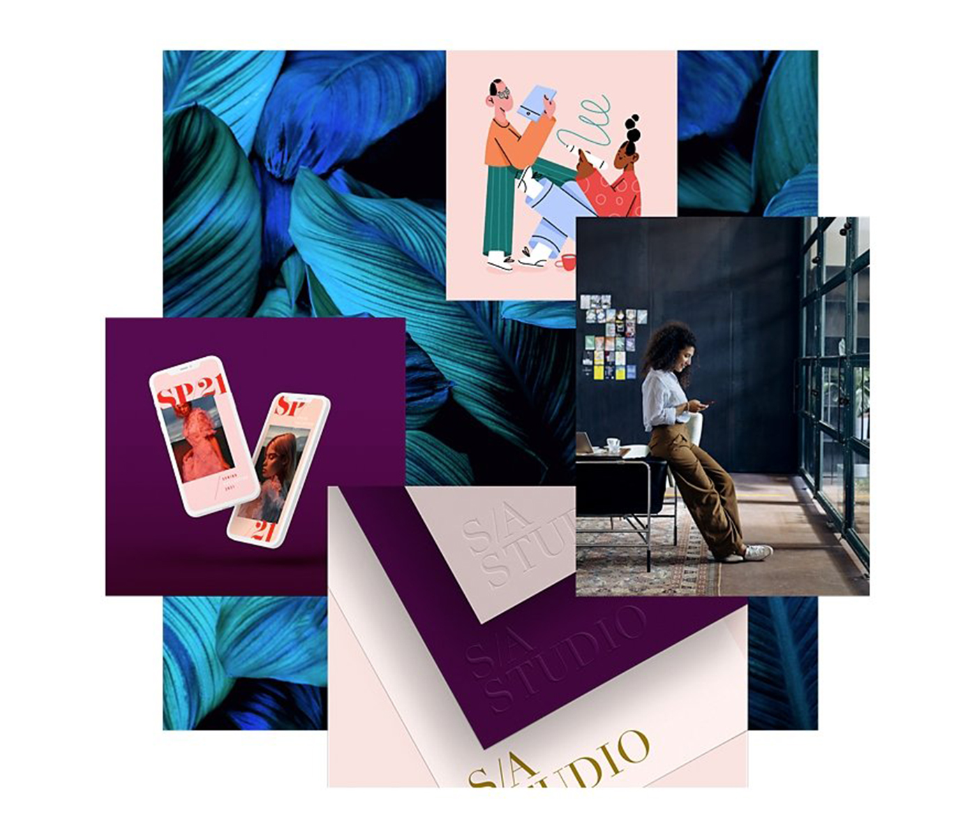 Collage of creative work including photography, illustration, mobile designs and branded stationery
