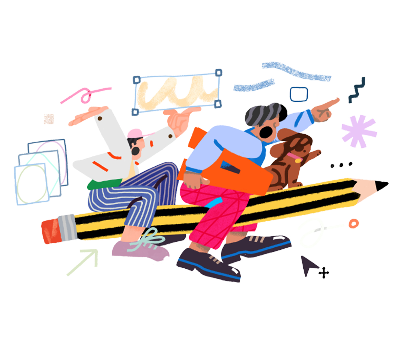 Illustration of two people riding a giant pencil surrounded by design tool marks